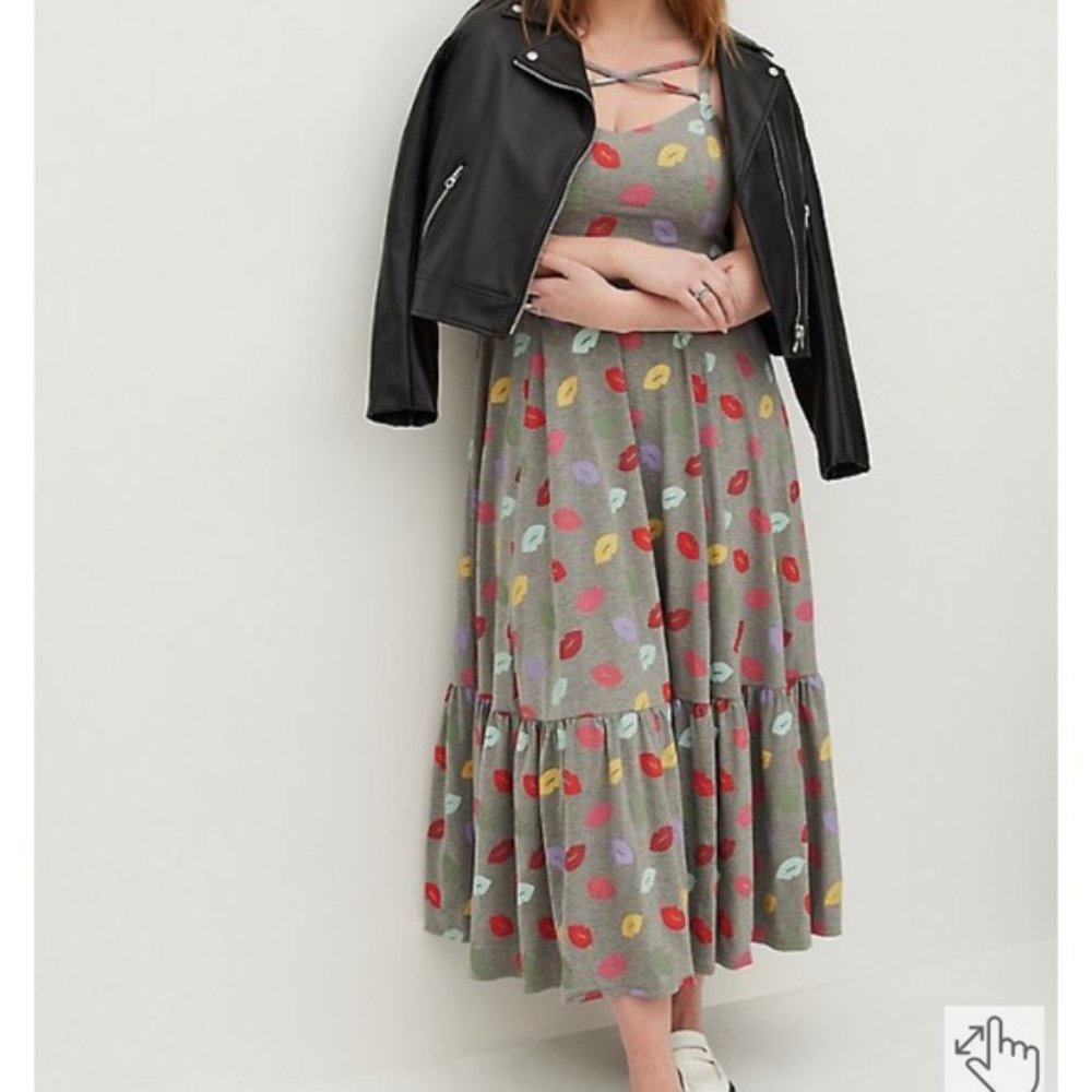 Torrid Strappy Maxi Jersey Dress Lips Print 1X